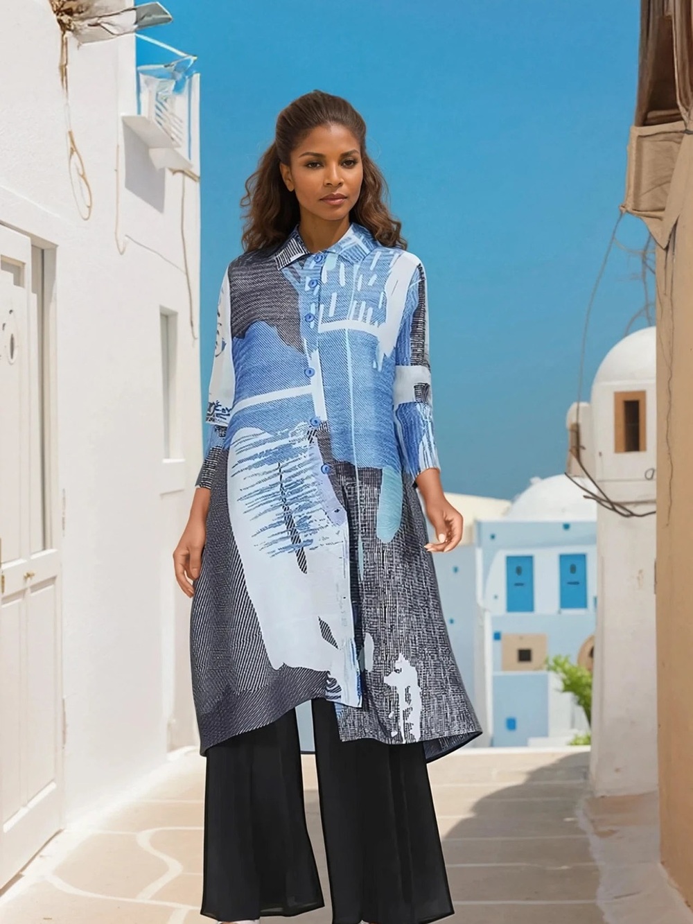 Vanite Couture Blue Abstract Pleated Button Front Jacket Dress O/S